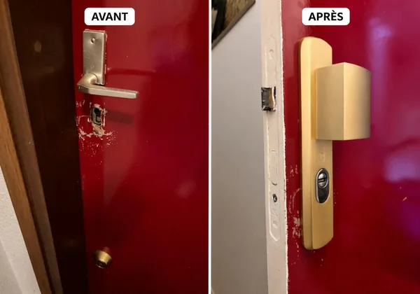 Installation d'une poignée blindée haute sécurité après effraction, avant et après